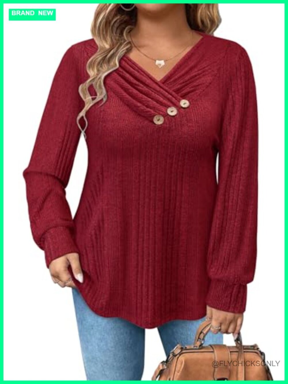 Womens Plus Size V-Neck Sweater Button Pleated Fit Long Sleeve Pullover